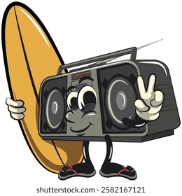 Cartoon retro groovy tape recorder boombox character with surfboard and gave a peace sign, isolated vector vintage, work of hand drawn