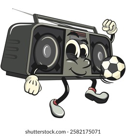 Cartoon retro groovy tape recorder boombox character playing football or soccer, isolated vector vintage, work of hand drawn