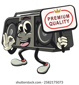 Cartoon retro groovy tape recorder boombox character carrying a sign board that says premium quality while giving an okay sign, isolated vector vintage, work of hand drawn