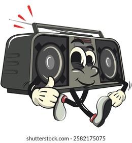 Cartoon retro groovy tape recorder boombox character love walking with thumbs up, isolated vector vintage, work of hand drawn