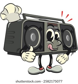 Cartoon retro groovy tape recorder boombox character love being chef give thumbs up, isolated vector vintage, work of hand drawn