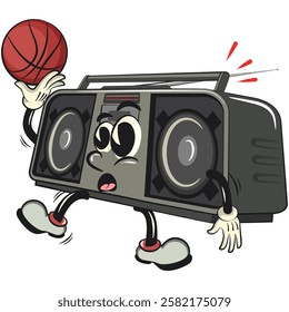 Cartoon retro groovy tape recorder boombox character playing basketball, isolated vector vintage, work of hand drawn