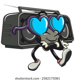 Cartoon retro groovy tape recorder boombox character wearing heart shaped beach sunglasse, isolated vector vintage, work of hand drawn