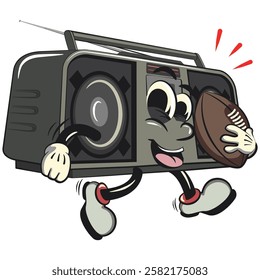 Cartoon retro groovy tape recorder boombox character playing rugby and american football, isolated vector vintage, work of hand drawn