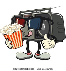 Cartoon retro groovy tape recorder boombox character a bucket of popcorn with wearing 3d glasses, isolated vector vintage, work of hand drawn