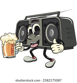 Cartoon retro groovy tape recorder boombox character lift a big glass of beer, isolated vector vintage, work of hand drawn