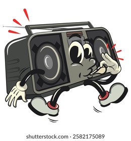 Cartoon retro groovy tape recorder boombox character blowing the whistle, isolated vector vintage, work of hand drawn