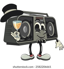 Cartoon retro groovy tape recorder boombox character wearing hat and bow tie raising a wine glass, isolated vector vintage, work of hand drawn