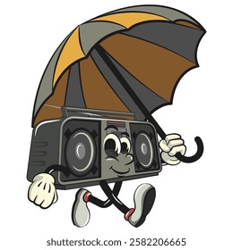 Cartoon retro groovy tape recorder boombox character walking with an umbrella, isolated vector vintage, work of hand drawn