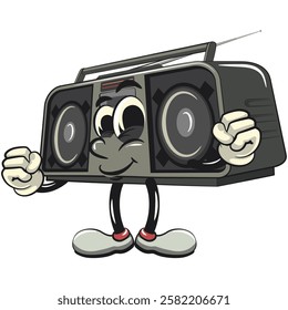 Cartoon retro groovy tape recorder boombox character be strong, isolated vector vintage, work of hand drawn