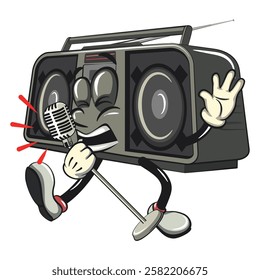 Cartoon retro groovy tape recorder boombox character sing earnestly with maximum style, isolated vector vintage, work of hand drawn