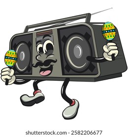 Cartoon retro groovy tape recorder boombox character playing maracas, isolated vector vintage, work of hand drawn