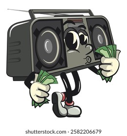 Cartoon retro groovy tape recorder boombox character carrying money while whistling, isolated vector vintage, work of hand drawn