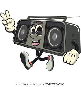 Cartoon retro groovy tape recorder boombox character walking with a peace sign, isolated vector vintage, work of hand drawn