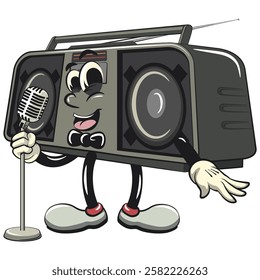 Cartoon retro groovy tape recorder boombox character on front of the mic become a stand up comedian, isolated vector vintage, work of hand drawn