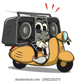 Cartoon retro groovy tape recorder boombox character riding a scooter, isolated vector vintage, work of hand drawn