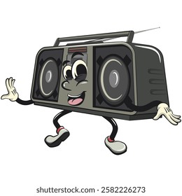 Cartoon retro groovy tape recorder boombox character doing wave breakdance, isolated vector vintage, work of hand drawn