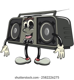 Cartoon retro groovy tape recorder boombox character wearing a bow tie and feeling cool, isolated vector vintage, work of hand drawn