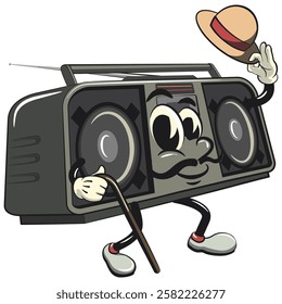 Cartoon retro groovy tape recorder boombox character walk with a stick and saluting with raised hat, isolated vector vintage, work of hand drawn