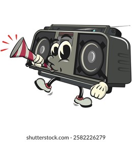 Cartoon retro groovy tape recorder boombox character blow the party horn trumpe, isolated vector vintage, work of hand drawn