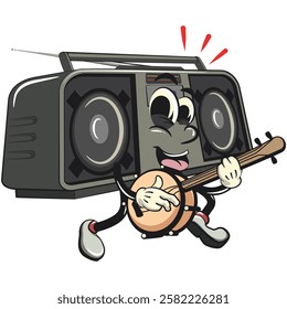 Cartoon retro groovy tape recorder boombox character playing the banjo musical instrument, isolated vector vintage, work of hand drawn