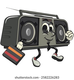 Cartoon retro groovy tape recorder boombox character wearing a tie and carrying a suitcase rushing to the office, isolated vector vintage, work of hand drawn