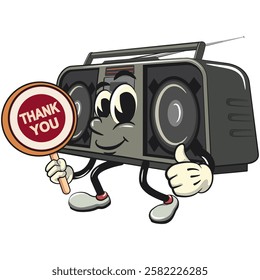 Cartoon retro groovy tape recorder boombox character say thank you, isolated vector vintage, work of hand drawn