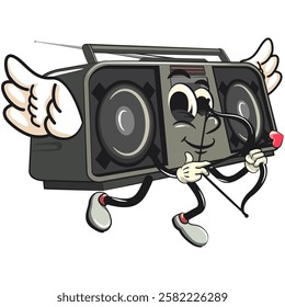 Cartoon retro groovy tape recorder boombox character being cupid with angel wings and the arrow of love, isolated vector vintage, work of hand drawn