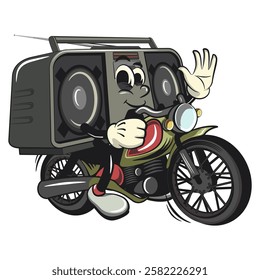 Cartoon retro groovy tape recorder boombox character riding a big motorcycle, , isolated vector vintage, work of hand drawn