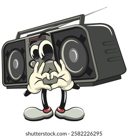 Cartoon retro groovy tape recorder boombox character is giving a sign of love with finger, isolated vector vintage, work of hand drawn