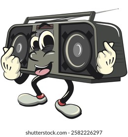 Cartoon retro groovy tape recorder boombox character giving a sign of love with both hands, isolated vector vintage, work of hand drawn