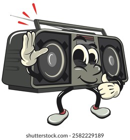 Cartoon retro groovy tape recorder boombox character wave hand and give a thumbs up sign, isolated vector vintage, work of hand drawn