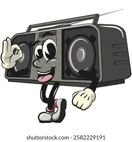 Cartoon retro groovy tape recorder boombox character greet by giving oke sign, isolated vector vintage, work of hand drawn