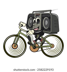 Cartoon retro groovy tape recorder boombox character enjoy riding a bike, isolated vector vintage, work of hand drawn