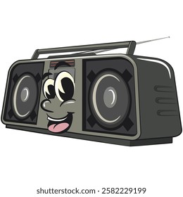 Cartoon retro groovy tape recorder boombox character, isolated vector vintage, work of hand drawn