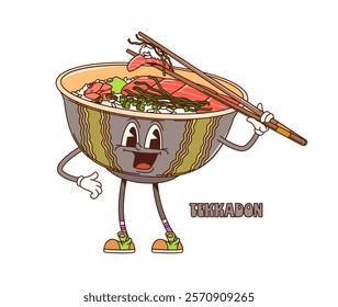 Cartoon retro groovy tekkadon donburi character cheerfully hold chopsticks. Vector Japanese food personage shown as sushi rice bowl topped with slices of fresh tuna, joyfully smiling with hippie vibes