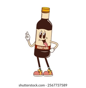 Cartoon retro groovy teriyaki sauce character with funny face, vector comic fast food. Groovy funky teriyaki sauce bottle with yummy tongue out smile and Ok sign gesture for silly fast food character