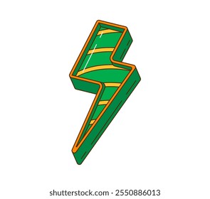 Relámpago groovy retro de dibujos animados, símbolo de vacaciones del día de San Patricio. Flash rayado verde de Vector aislado, forma de perno en zigzag eléctrico en estilo de Irlanda, que encarna la energía del festival de espíritu libre