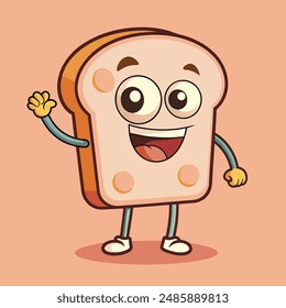 Caricatura retro groovy tostada de carácter de pan con una onda amistosa y una gran sonrisa alegre, rezuma alegría y alegría. Ilustración vectorial para medios infantiles, temas para desayunar o mercadeo peculiar