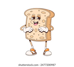 Caricatura retro groovy toast personaje. Vector aislado deliciosa rebanada de pan de pie con una sonrisa radiante. Personaje feliz de la comida del desayuno en zapatos elegantes, rezumando carisma hippie y vibraciones de la alegría