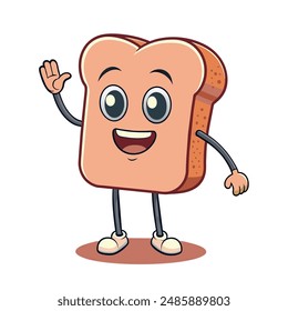 Caricatura retro groovy toast personaje. Personaje feliz de la comida del desayuno en zapatos elegantes, rezumando carisma hippie y vibraciones de la alegría. Vector aislado deliciosa rebanada de pan ondeando con una sonrisa radiante