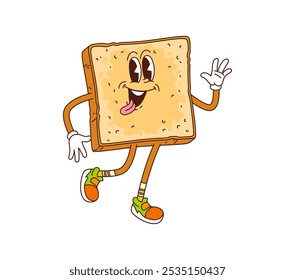 Caricatura retro groovy tostada personaje. Vector aislado rebanada peculiar de pan agitando la mano con una sonrisa radiante y la lengua pegajosa. Personaje feliz de la comida del desayuno en zapatos elegantes, vibraciones hippie que supuran