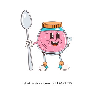 Cartoon retro groovy brinde geleia personagem. Vetor isolado jolly rosa geleia jar personagem com um sorriso brilhante, agarrando uma colher gigante, e vestido em sapatos esportivos, pronto para uma aventura divertida café da manhã