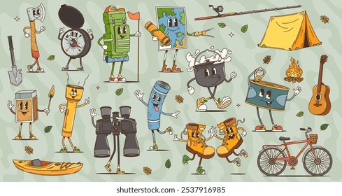 Cartoon retro groovy travel camp and tourism characters, vector outdoor adventure. Psychedelic hippie tent, backpack, compass, map and mountain trekking boots personages. Funny campfire, axe and bike