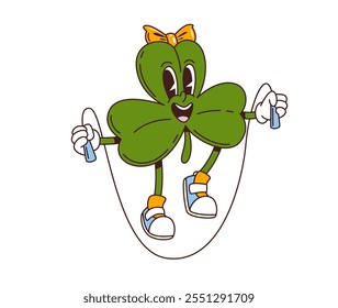 Cartoon retro groovy trefoil clover leaf character with jumping rope. Isolated vector shamrock funky holiday personage with mischievous smile, spreading joy and luck for Irish Patrick day celebration