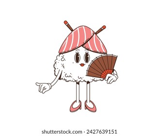 Cartoon retro groovy triangle sushi character. Isolated vector cute onigiri, chubby rice ball with big expressive eyes, a tiny, smiling mouth, fan and chopsticks in salmon fish hairstyle adding charm