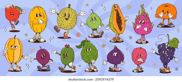 Cartoon retro groovy tropical fruit characters with funny faces and smiles, vector comic emoji. Groovy tropical papaya with funky fig and freaky durian with happy tangerine and grape in retro cartoon