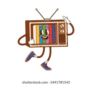 Cartoon Retro-groovige TV-Figur. Vereinzelte Vektor-Vintage-Fernseher-Persönlichkeit mit hellen, psychedelischen Streifen auf dem Bildschirm, ausdrucksstarke Augen und breites, charismatisches Lächeln, verströmende 60er oder 70er Jahre Vibes