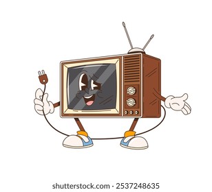 Cartoon retro groovy tv character holds a plug in one hand. Isolated vector zany, retro television set personage with expressive eyes and wide, charismatic smile, exuding 70s or 60s vintage vibe