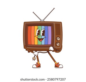 Cartoon retro groovy tv character. Isolated vector vintage television set personage with colorful rainbow test screen, holding its power plug, symbolizing nostalgia, entertainment, and retro media